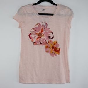 New ANN TAYLOR Loft Petite Flower Short Sleeve T-Shirt Floral Pink - Small Petit